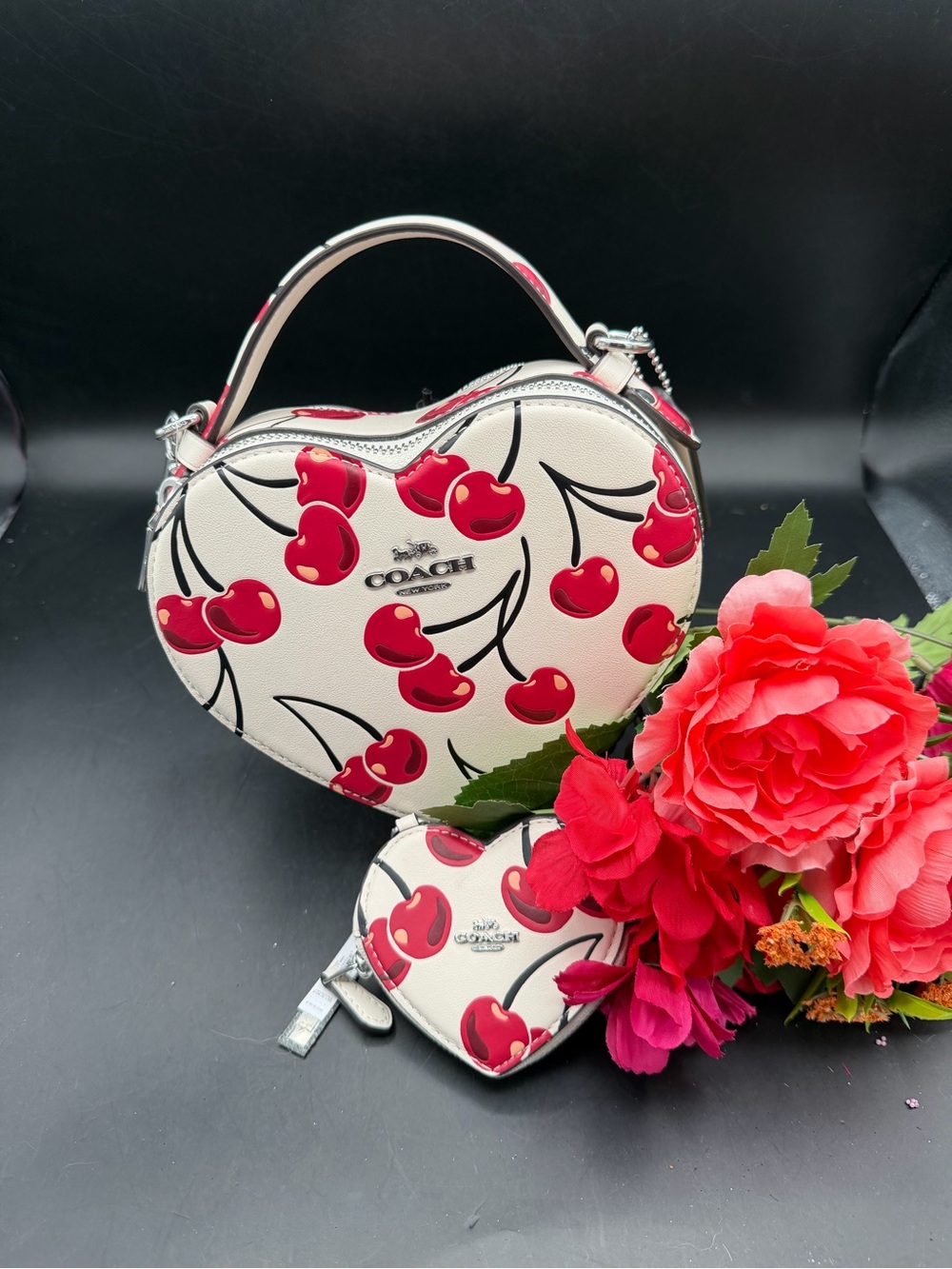 COACH White Heart-Shaped Cherry Print Bag with Detachable Shoulder Strap